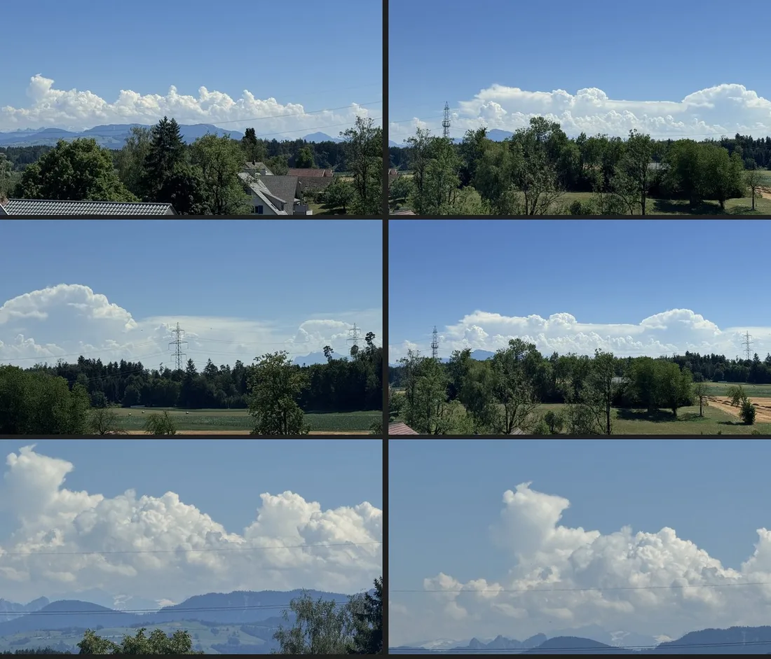 Kontaktbogen mit acht Fotos echter Sommerwolken über Hügeln