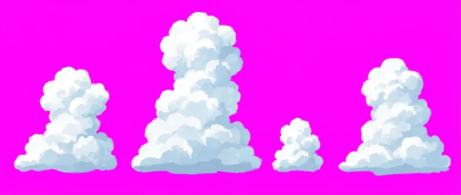Vier Quellwolken-Türme auf magentafarbenem Hintergrund