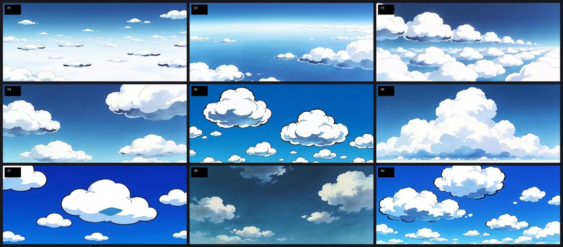 Kontaktbogen mit neun gemalten Wolken-Studien