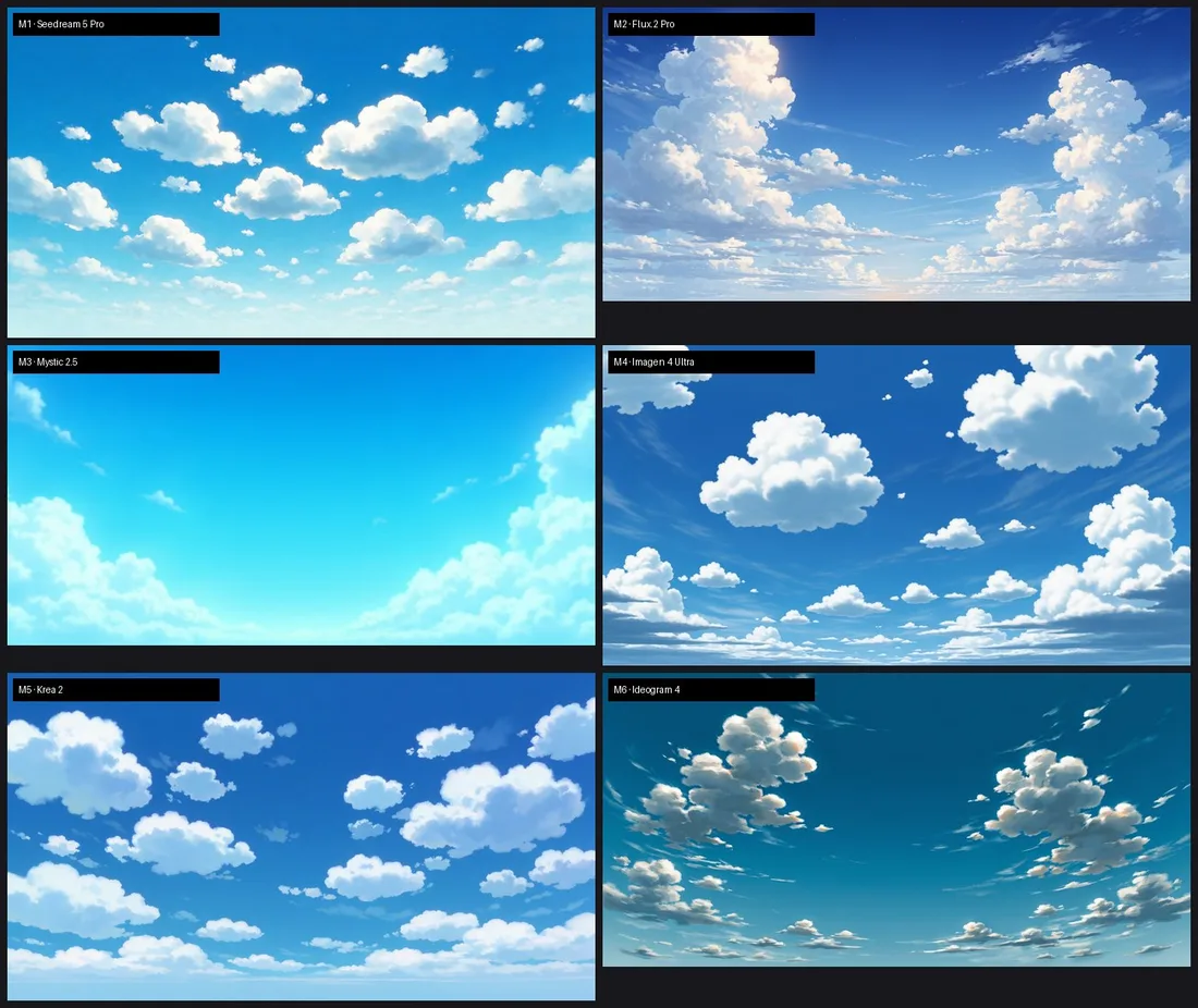 Modellvergleich: derselbe Himmel aus sechs Bildmodellen