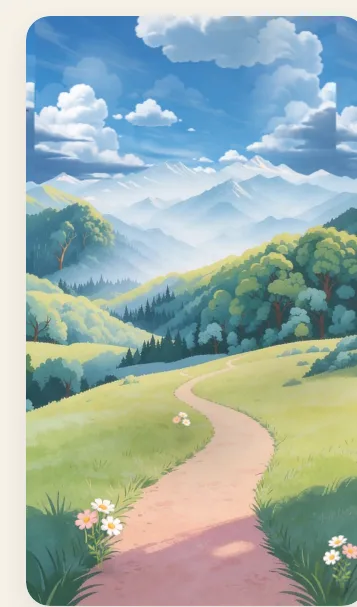 Der Stilbruch: knallblauer Anime-Himmel über einer Pastell-Welt.